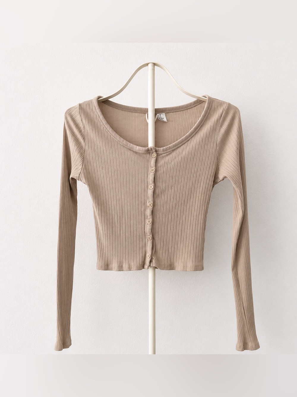 Ribbed Button-Front Long Sleeve Top - Beige